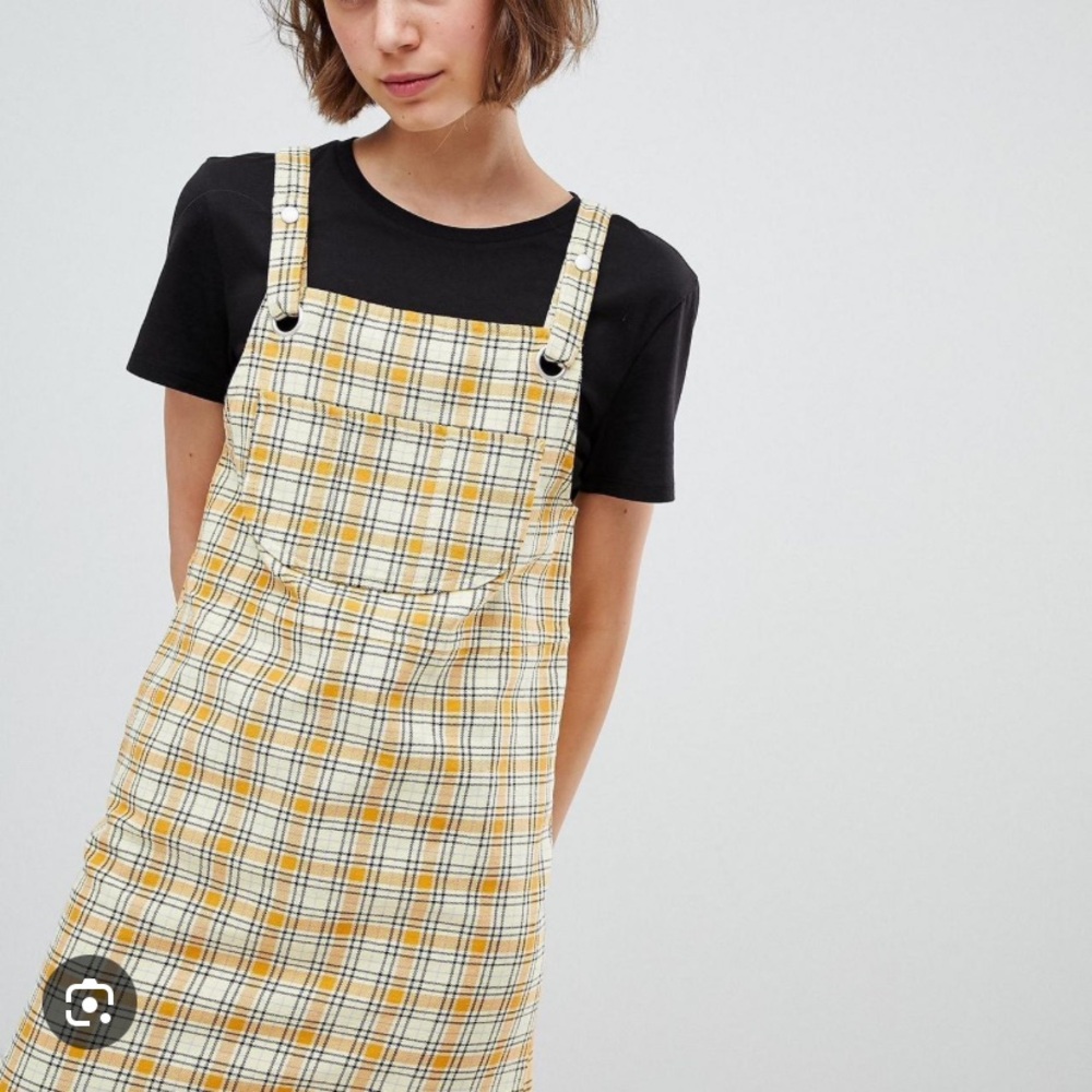 Monki Yellow Plaid Overalls Dress
